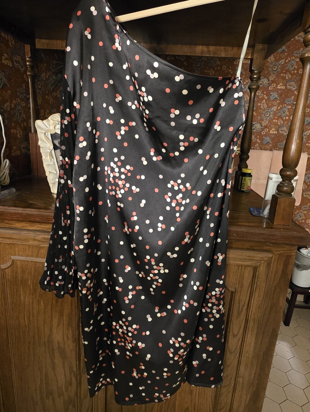TRACY NEGOSHIAN Black Satin Polka Dot One Shoulder With Dress